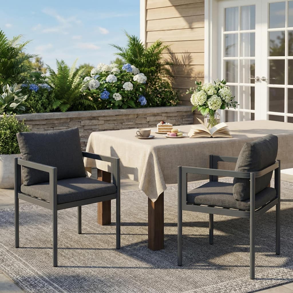 Roomfitters 23.62" Set of 2 Modern Metal Outdoor Dining Chairs, Minimalist Patio Armchairs with Upholstered Cushions