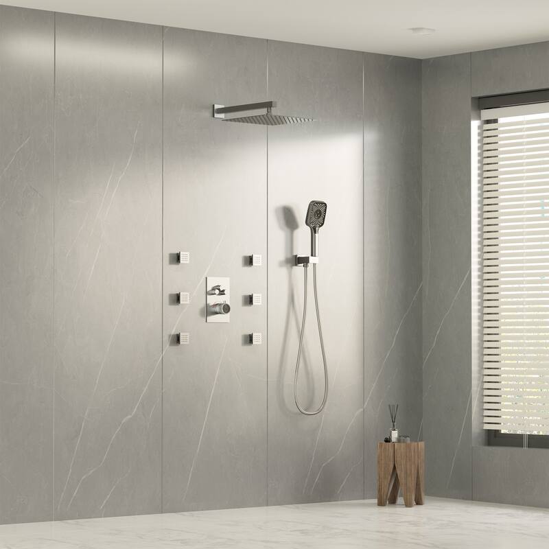 Wall Mount 12 Inch Rainfall Shower Head 3 Function Thermostatic Shower System with 6 Body Jets