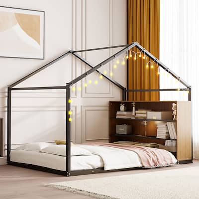 Black Full Size Metal Wood House Bed Frame with Shelves and Lights for Kids