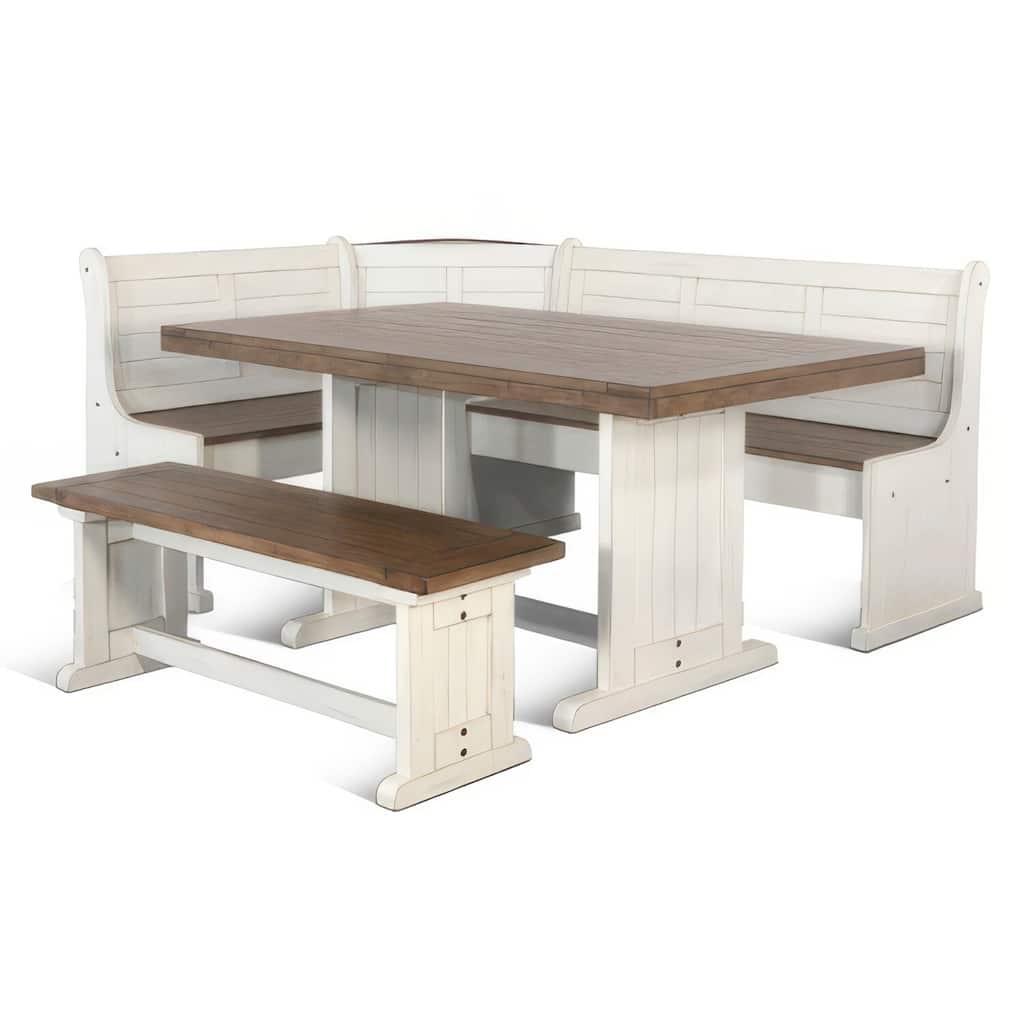 Farmhouse White and Brown 4-Piece Corner Breakfast Nook Set with Table and Benches
