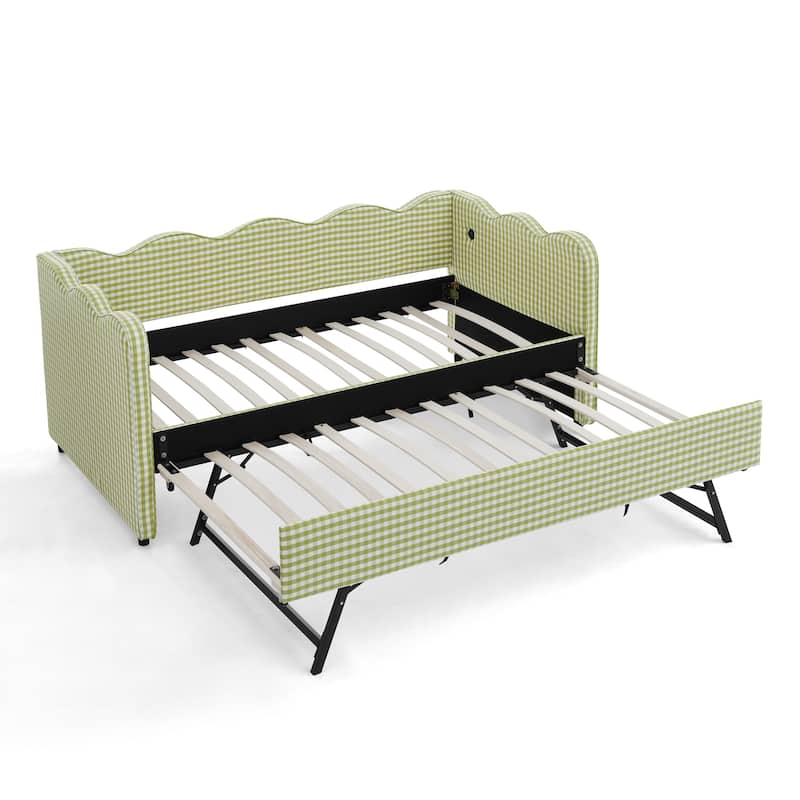 Linen Fabric Gingham Daybed with Trundle, Twin Size Sofa Bed with USB Port and Adorable Wave Shaped Headboard