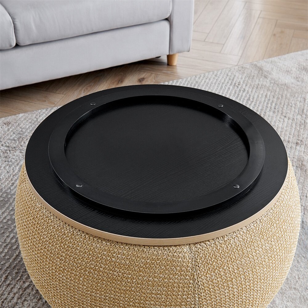 2 in 1 Woven Rattan Fabric Round Storage Ottoman with Small Seat