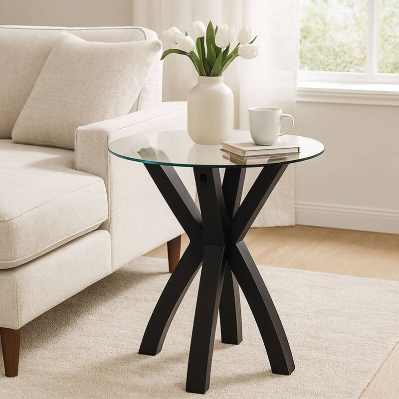 Aria Home Glass End Nesting Table With Criss Cross Wood Base