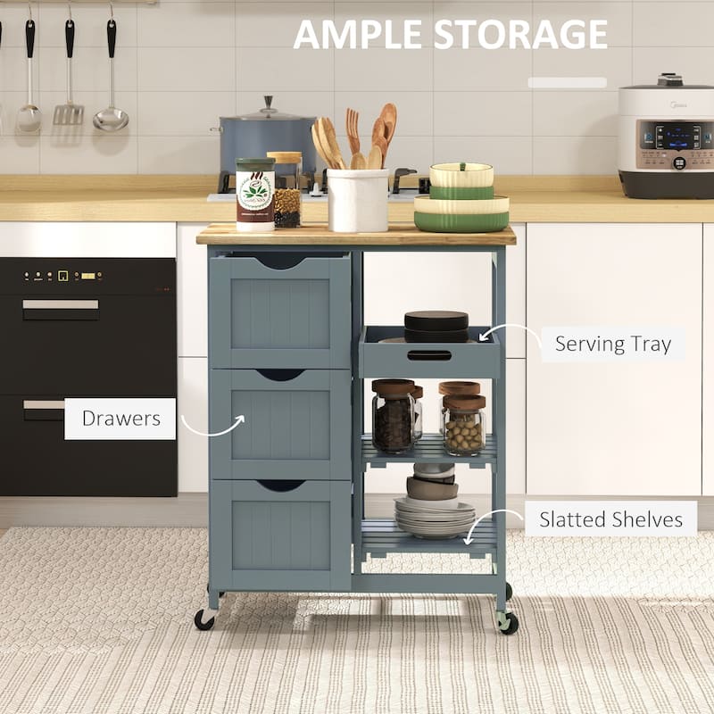 Kitchen Island Cart Rolling with Solid Wood Top, 3 Drawers, 3 Removable Shelves, Serving Utility Carts for Dining Room
