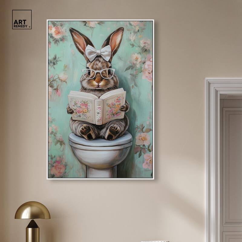 Petite Floral Toilet Bunny Canvas by Art Remedy