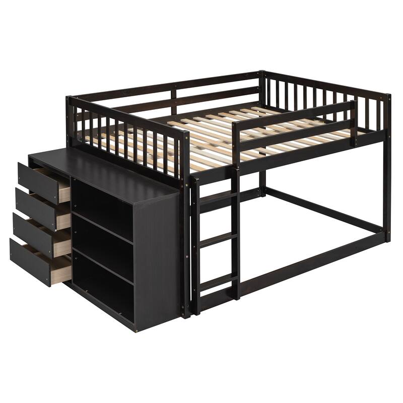Full Over Full Bunk Bed with 4 Drawers and 3 Shelves in Solid Pine
