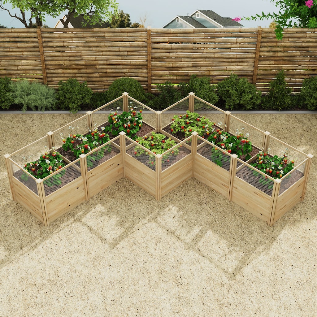 Modular Cedar Raised Garden Bed with Wire Mesh, Solid Wood Outdoor Planter Box, DIY Vegetable