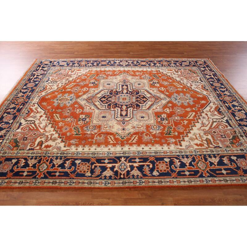 Medallion Heriz Serapi Indian Area Rug Handmade Orange Wool Carpet - 7'10" x 9'9"