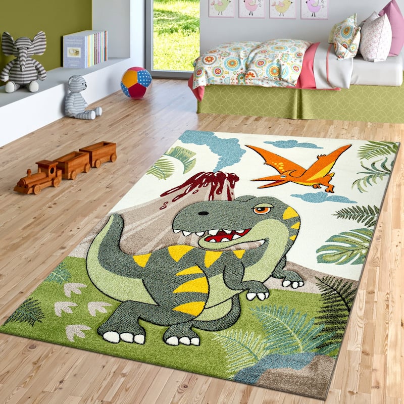 Kids Rug for Boys Jurresic World T-Rex Dinosaur Jungle in Green