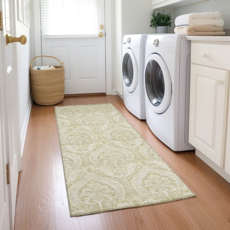 Machine Washable Indoor/ Outdoor Damask Chantille Rug - Beige - 2'3" x 7'6"