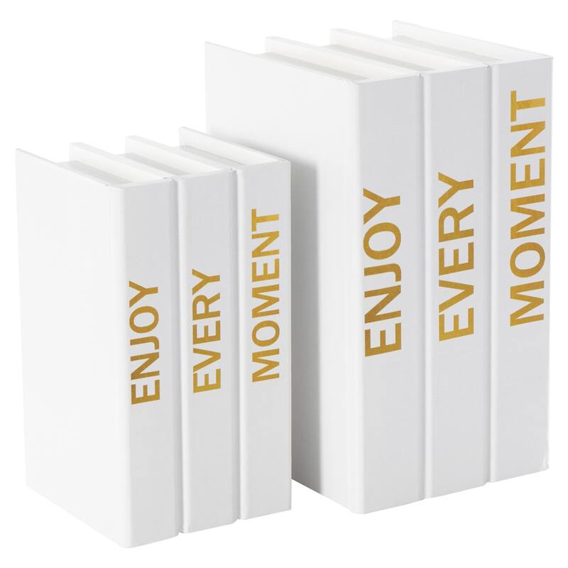White or Black Canvas Faux Storage Book Box with Gold or White Enjoy, Every, Moment Text (Set of 2)