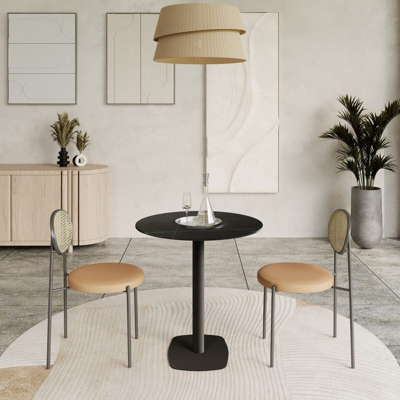 Vail Round Dining Table 27 in. Sintered Stone Tabletop in Black Stainless Steel Square Pedestal Base for Kitchen and Dining Room