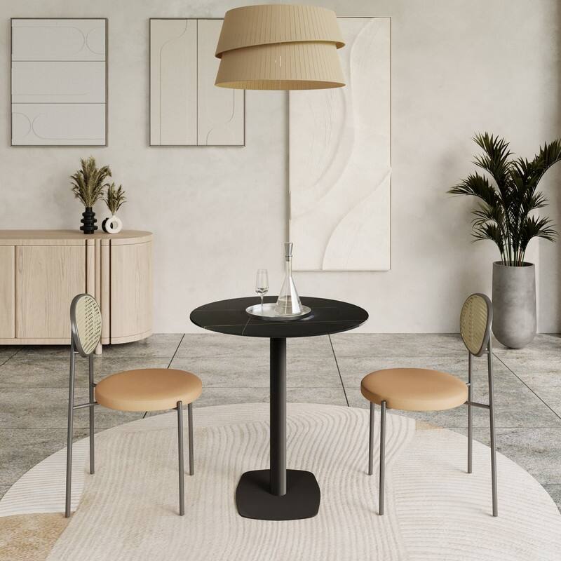 Vail Round Dining Table 36 in. Sintered Stone Tabletop in Black Stainless Steel Square Pedestal Base for Kitchen and Dining Room
