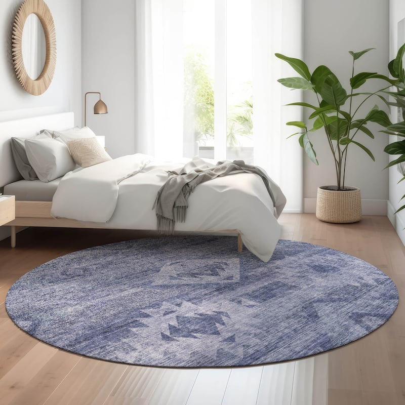 Premium Washable Super Soft Tribal Boho Mayfield Rug - Navy - 8' x 8' - Round