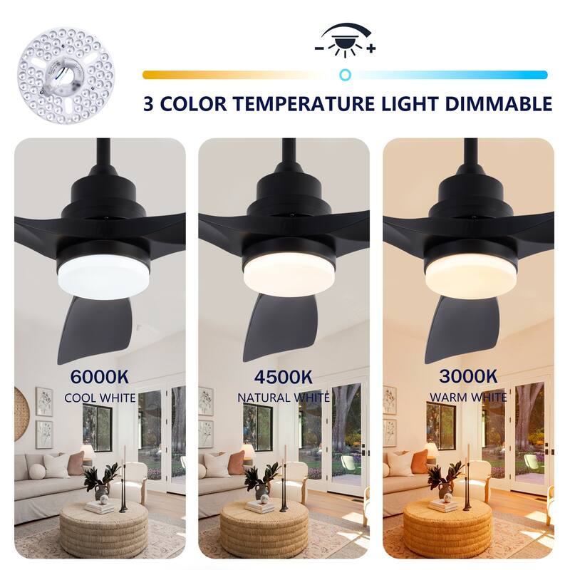 42 Inch Black Ceiling Fan with Lights and Remote, 3-Blade, Noiseless Reversible DC Motor - Modern Patio Fan