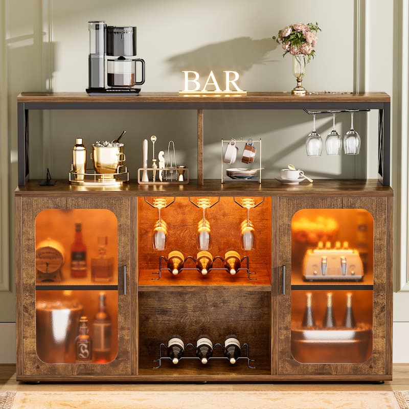 Buffet Sideboard Cabinet Wood Coffee Bar Cabinet with Charging Station and LED lights - Rustic Brown