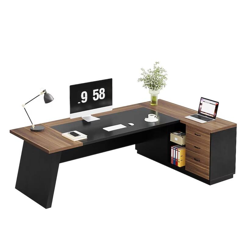 78.7" L-Shaped Executive Desk with File Cabinet & Drawers Light Walnut + Black