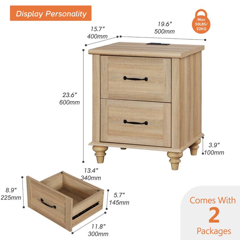 Nightstand with Charging Station, 2-Drawer End Table for Bedroom
