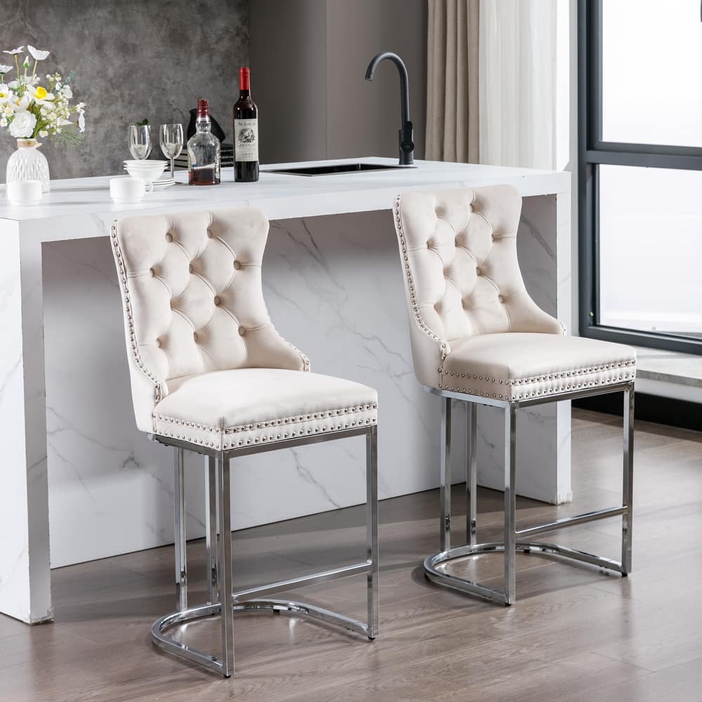 Counter Height Bar Stools Set of 2, Velvet Upholstered Accent Chairs with Button Back, Rivet Trim and Chromed Metal Base Legs