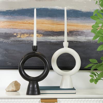 CosmoLiving by Cosmopolitan Black Ceramic Ring Geometric Candle Holder (Set of 2)