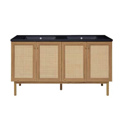 Classe 60 In. Brown Oak, Double Basin Bathroom Vanity With Black ArtificialStone Sink Top