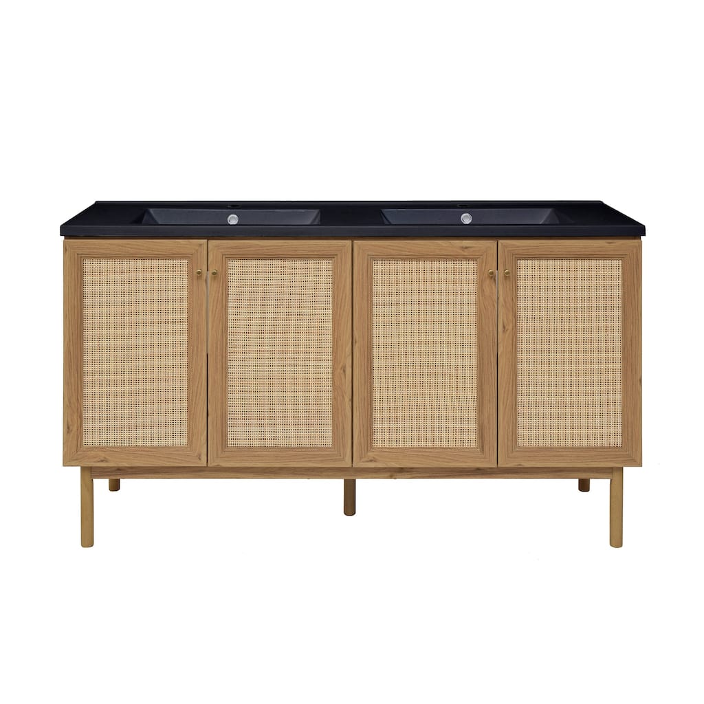 Classe 60 In. Brown Oak, Double Basin Bathroom Vanity With Black ArtificialStone Sink Top