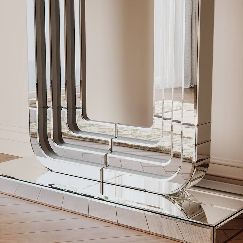Roomfitters 47" Mirrored Console Table, Silver Entryway Table with U-Shaped Base & Hand-Spliced Line Design