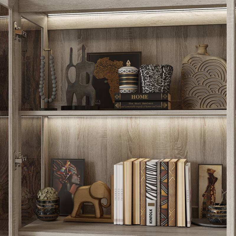 Glass Display Cabinet w/Light Tempered Glass Rustic Gray Oak Finish Bookshelvs Storage Cabinet