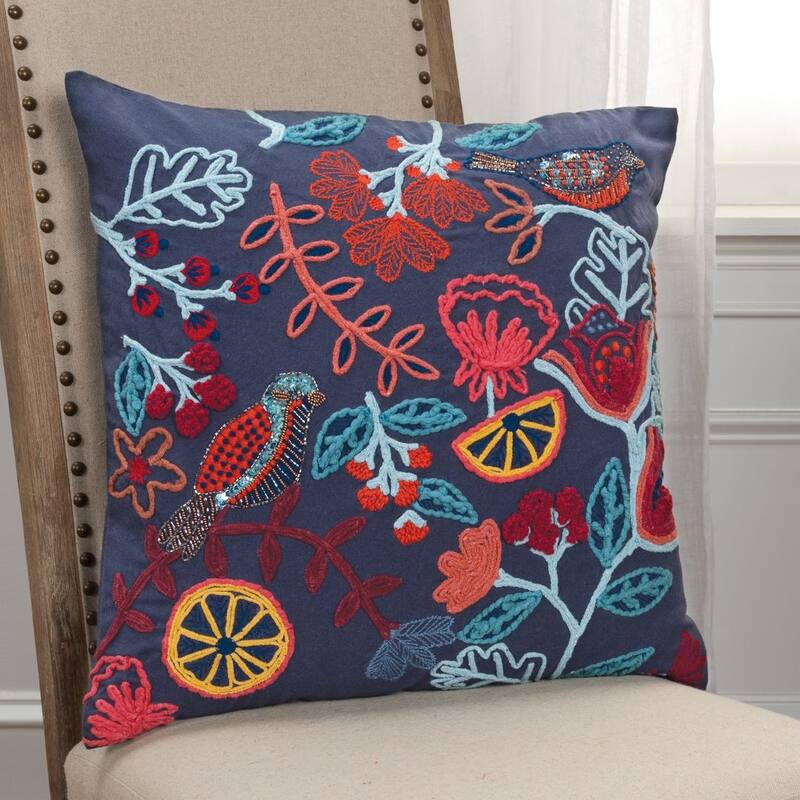 Blue Floral Bird Decorative Pillow