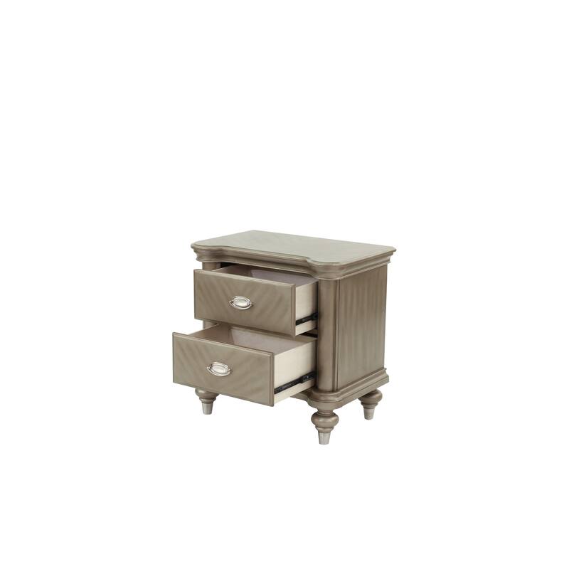 Contemporary Nightstand with Storage, Antique Silver/Champagne, Pine and Plywood, 2-Drawer Design