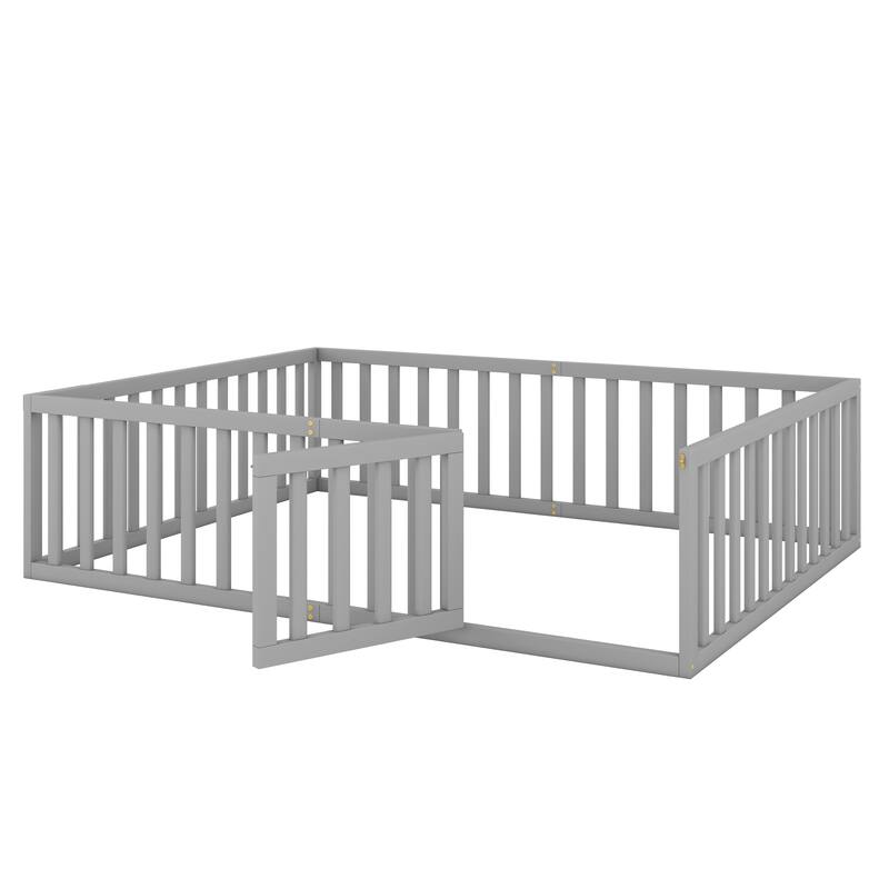 Queen Size Wooden Floor Bed with Fence and Door, Gray