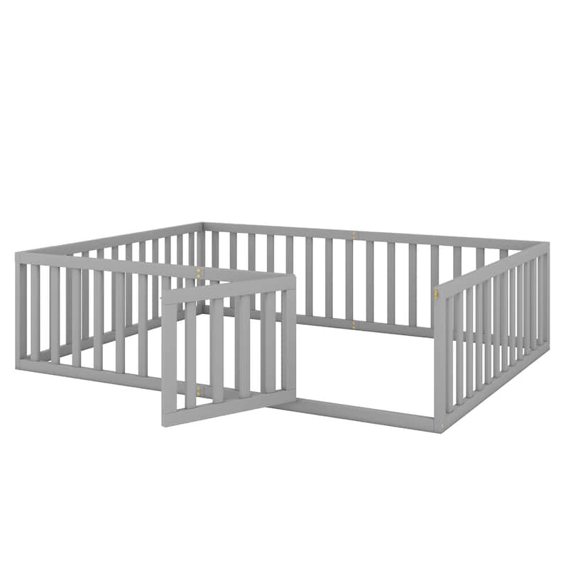 Queen Solid Wood Floor Bed with Fence & Door