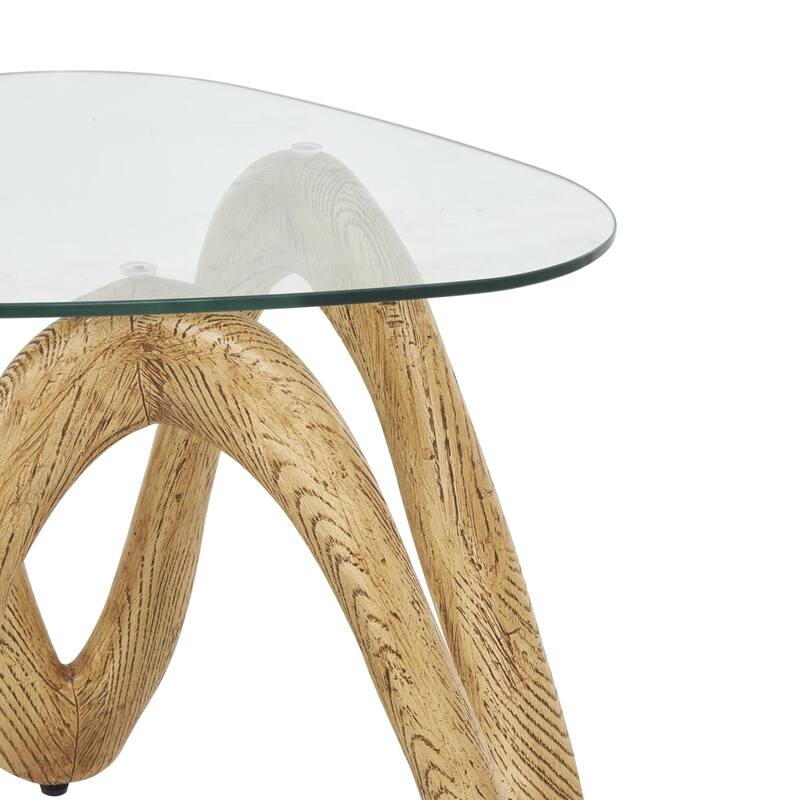 Polystone Abstract Wood Grain Inspired Wavy Accent Table with Glass Tabletop - Light Brown or Beige - Roche River Decor