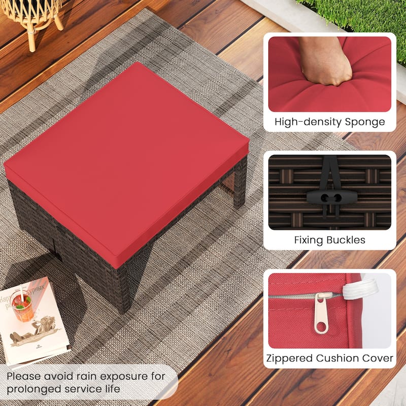 Set of 2 Outdoor Rattan Footstools Ottomans with Cushions for Patio Decor or Garden Seating - 16" L x 19" W x 9.5" H