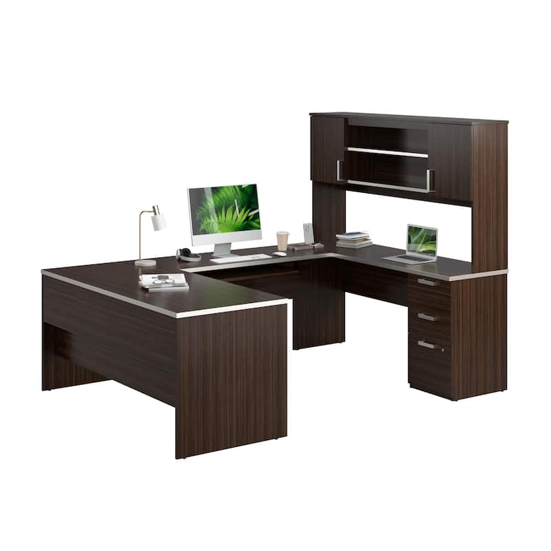 Bestar Ridgeley U-Shaped Office Desk with Cabinet and Hutch - Dark Chocolate