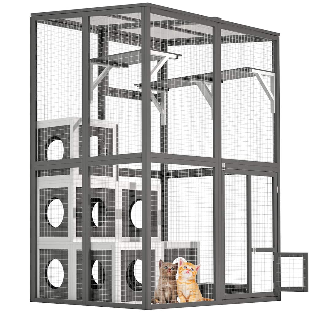 Grey Wood Outdoor Cat Cage Playpen with 7 Condos and Jumping Platforms