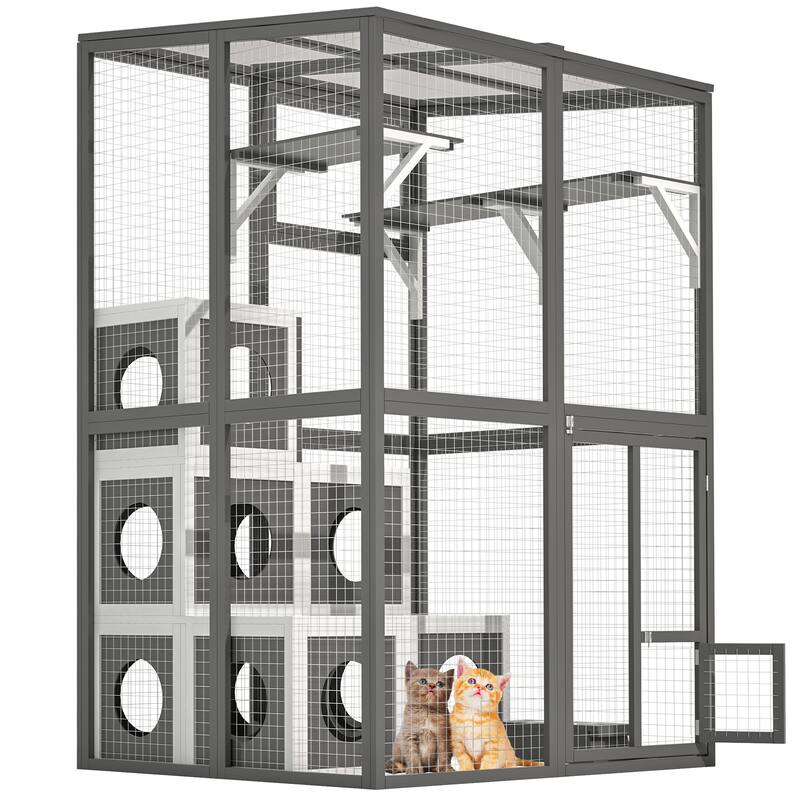 Outdoor Wooden Cat Catio - Large Walk-In Playpen with 2 Platforms & 7 Napping Houses, Grey