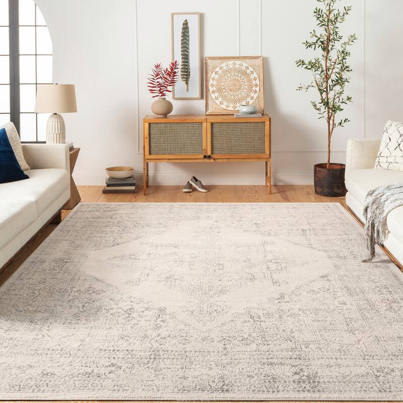 Livabliss Uranus Distressed Medallion Area Rug - Ivory/Grey - 7'10" x 10'