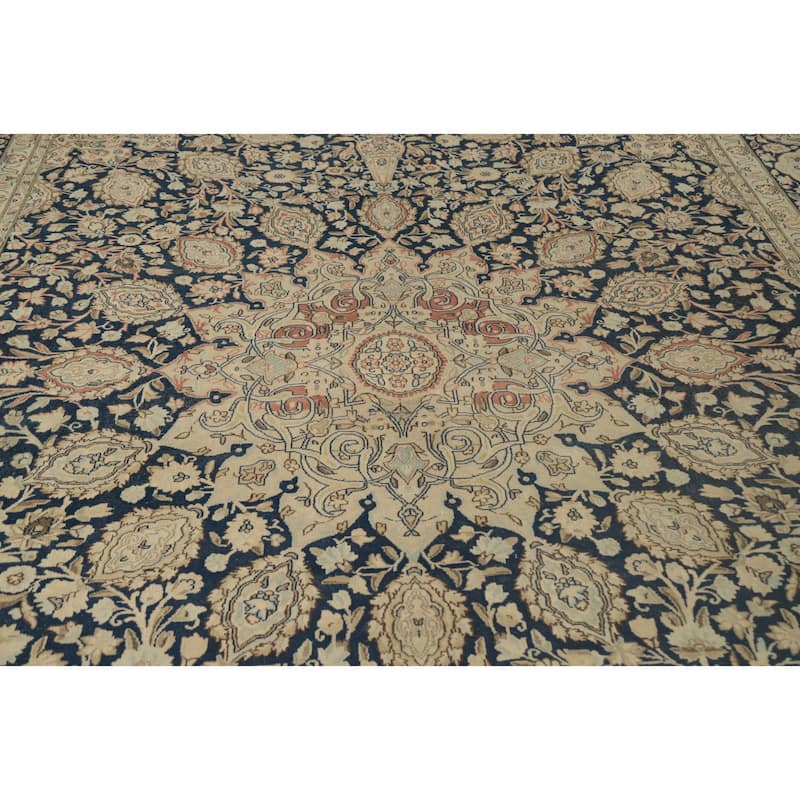 Hand Knotted Oriental 100% Wool Carpet Traditional Floral Navy Blue & Blues Kerman Area Rug - 13' 0'' X 9' 7''