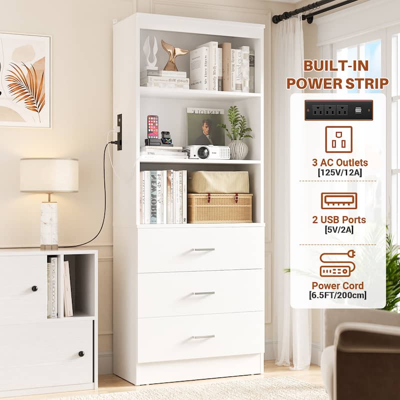 6-Tier 23.6'' Display Cabinet with Charging Station and Drawers, Bookcase Storage Shelf Kitchen Pantry