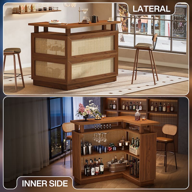 Rattan L Shaped Bar Table with 4-Tier Storage Shelf
