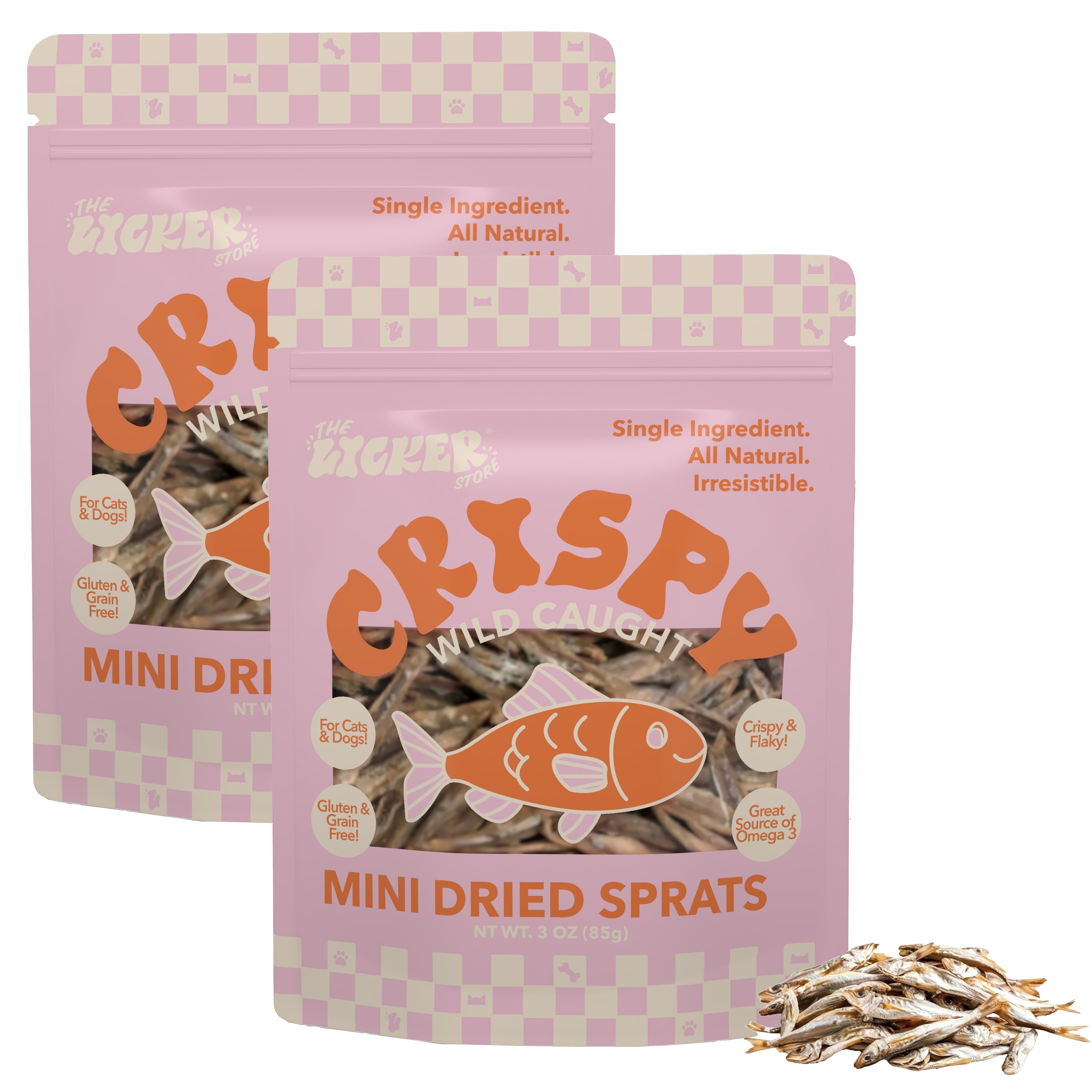 THE LICKER STORE Gluten and Grain-Free Omega-3 Single Ingredient Crunchy Dried Baltic Sprats for Dogs/Cats, 2 Pack of 3oz Bags
