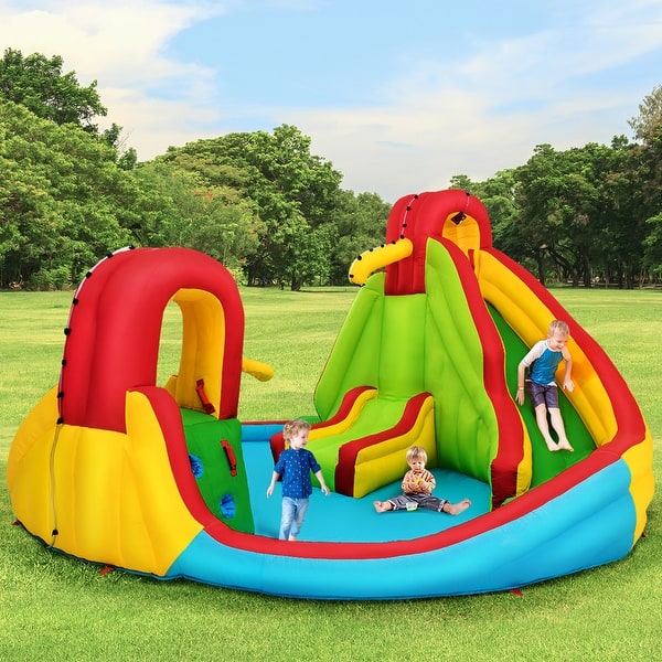 slide 2 of 12, Inflatable Kids Water Slide Park with Climbing Wall Water Cannon and Kids