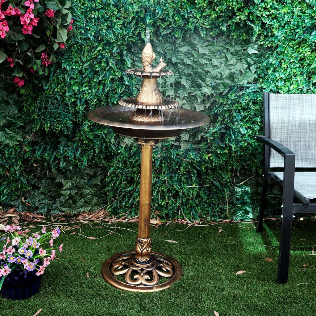 Alpine Corporation 40" Tiered Pedestal Fish Fountain Birdbath, Cascading Outdoor Water Feature for Garden, Backyard Decor, Gold