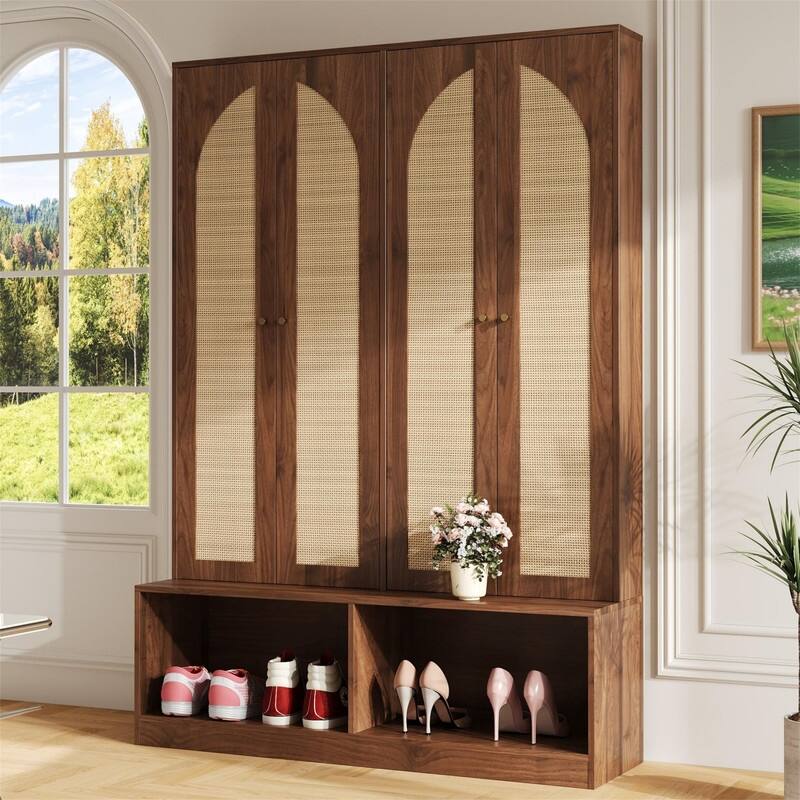 Farmhouse Hall Tree with 4 Rattan Doors, Versatile 4-In-1 Seating Bench with 6 Hooks, Entryway Shoe Cabinet w/ Adjustable Shelf - Walnut