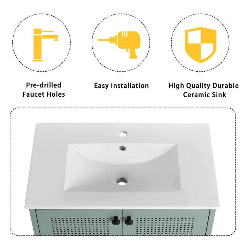 Freestanding Bathroom Vanity with Ceramic Sink, Adjustable Shelves, Cold Rolled Steel Cabinet, Double Door Design, Modern Style