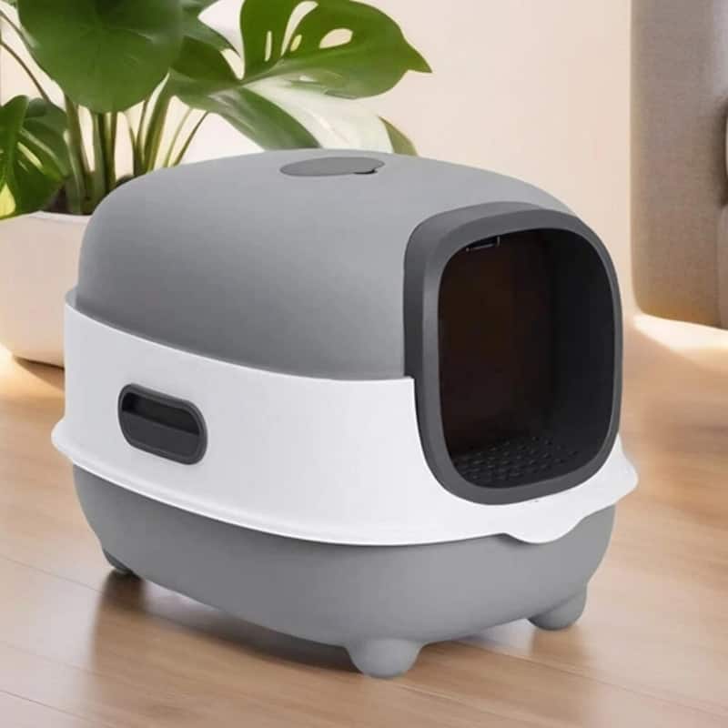XXL Enclosed Cat Litter Box Oval Front Entry Cat Toilet Tray with Scoop - 13.4x22x15 inch - Grey