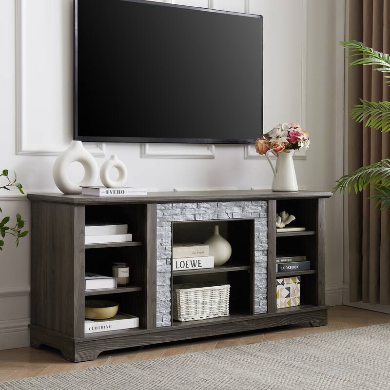 Anmytek Farmhouse TV Stand with Faux Stacked Stone Surround Accent Media Console for 60-69 inches TV Rustic Storage Cabinet