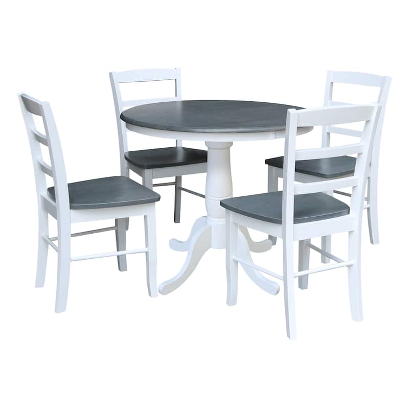 International Concepts Solid Wood 36" Round Pedestal Dining Table with 4 Madrid Ladderback Chairs - White/Heather Gray