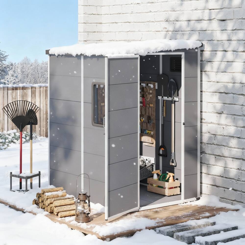 Erommy Outdoor Storage Shed with Built-In Floor, Lockable Double Doors & Sloped Roof